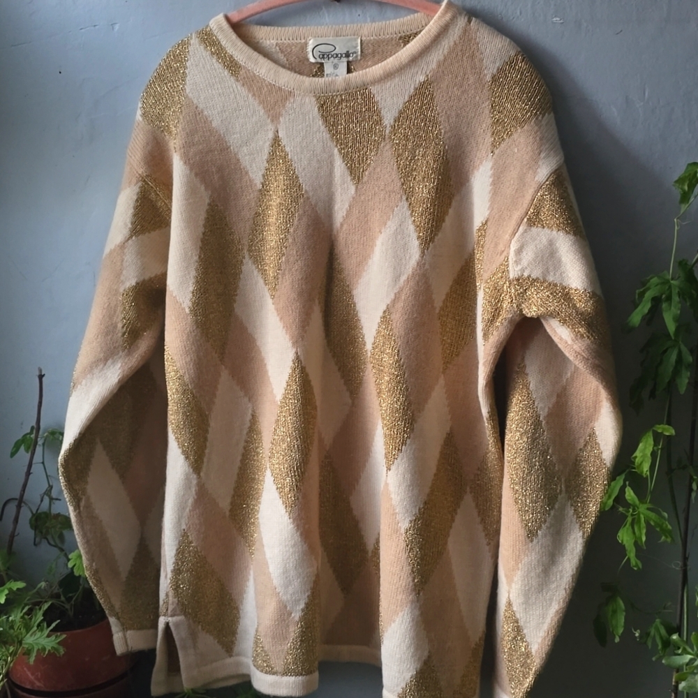 Vintage 90s Wool Gold Creme Argile Diamond Tunic Sweater Pappagallo Sz: XL